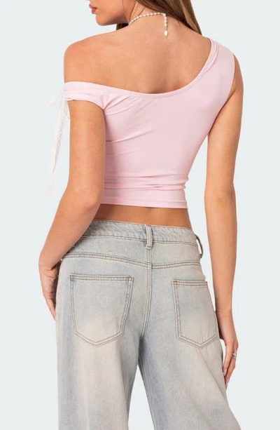 Shop Edikted Lace Bow One-shoulder Top In Pink