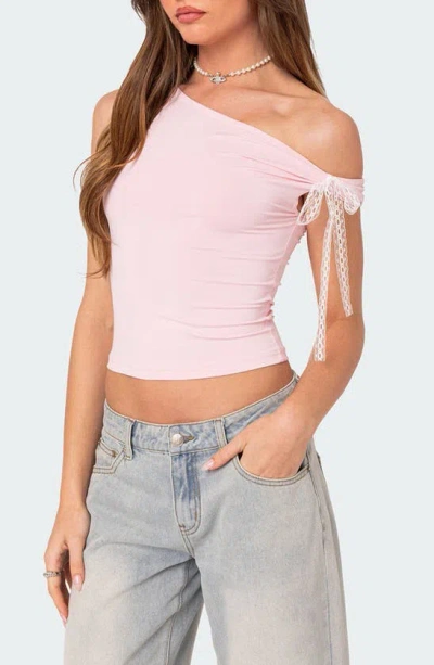Shop Edikted Lace Bow One-shoulder Top In Pink