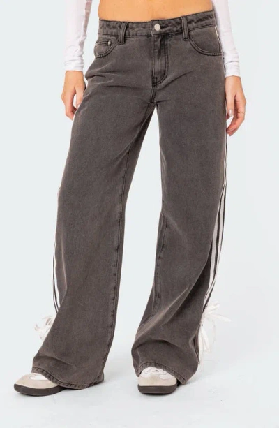 Shop Edikted Ribbon Stripe Washed Low Rise Wide Leg Jeans In Dark-gray