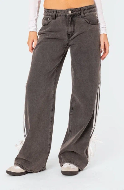 Edikted Ribbon Stripe Washed Low Rise Wide Leg Jeans In Dark-gray