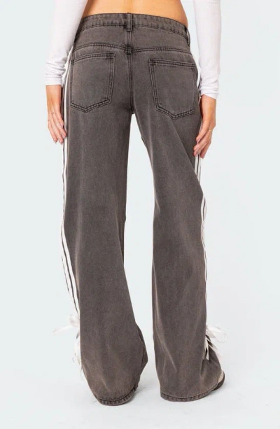 Shop Edikted Ribbon Stripe Washed Low Rise Wide Leg Jeans In Dark-gray