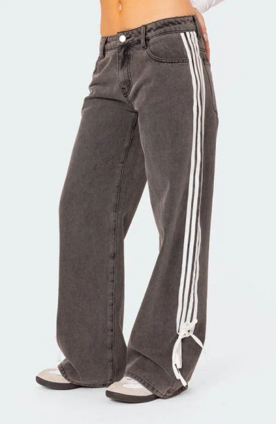 Edikted Ribbon Stripe Washed Low Rise Wide Leg Jeans In Dark-gray