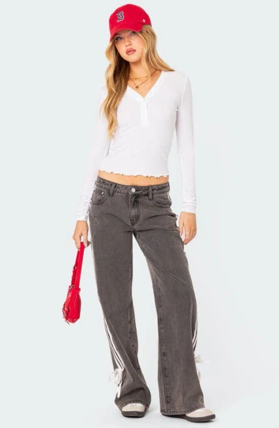 Shop Edikted Ribbon Stripe Washed Low Rise Wide Leg Jeans In Dark-gray