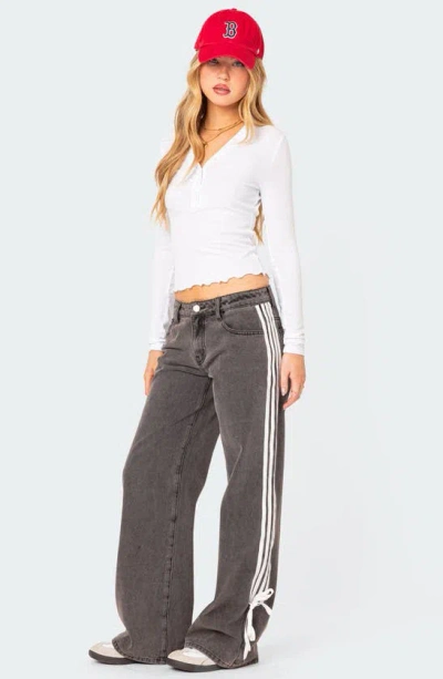 Shop Edikted Ribbon Stripe Washed Low Rise Wide Leg Jeans In Dark-gray