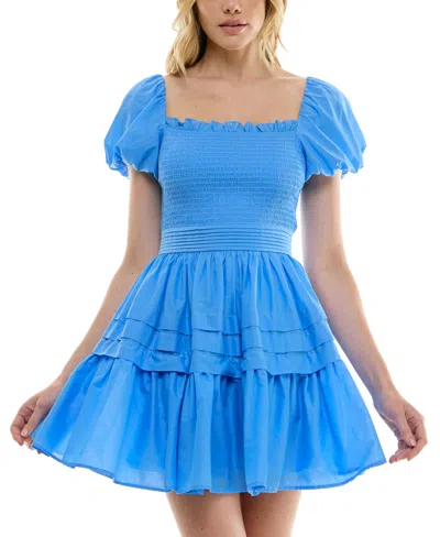 Shop B Darlin Juniors' Puff-sleeve Smocked Fit & Flare Dress In Cornflower