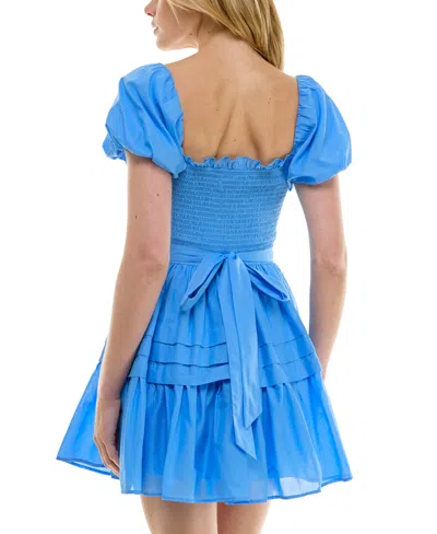 Shop B Darlin Juniors' Puff-sleeve Smocked Fit & Flare Dress In Cornflower
