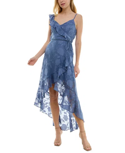 Shop Bcx Juniors' Ruffled High-low Jacquard Dress In Vintage Blue