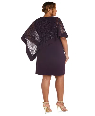 Shop R & M Richards Plus Size Asymmetric Sequined-overlay Dress In Plum