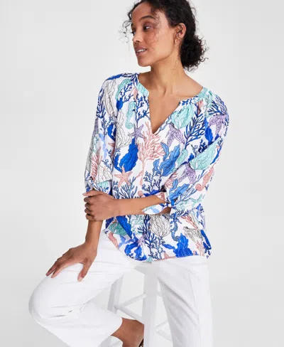 Shop Jones New York Women's Printed Elbow-length-sleeve Top In Nyc White,light Sapphire
