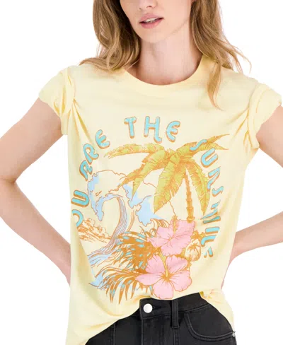 Shop Rebellious One Juniors' Sunshine Cotton Floral Graphic T-shirt In French Vanilla