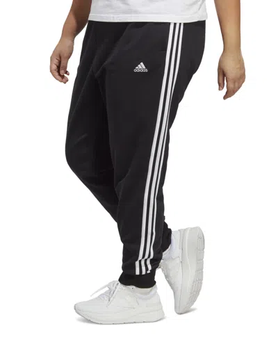 Shop Adidas Originals Plus Size Essentials 3-striped Cotton French Terry Cuffed Joggers In Black,white