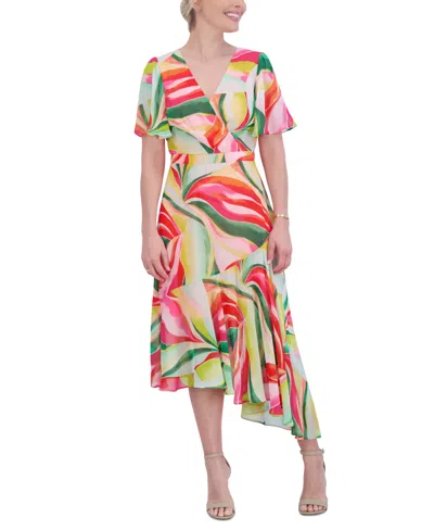 Shop Jessica Howard Petite Printed Asymmetrical-hem Midi Dress In Multi