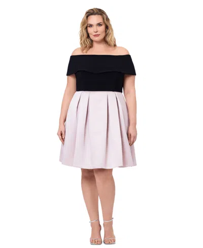 Shop Betsy & Adam Plus Size Off-the-shoulder Short-sleeve Fit & Flare Dress In Black,beige