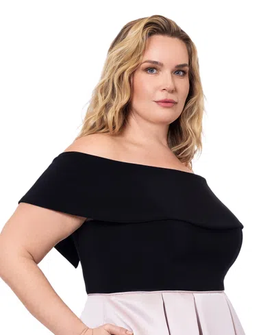 Shop Betsy & Adam Plus Size Off-the-shoulder Short-sleeve Fit & Flare Dress In Black,beige