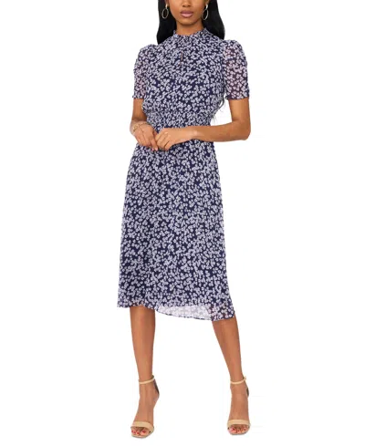 Shop Msk Petite Floral Print Puff Sleeve Midi Dress In Navy