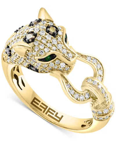 Shop Effy Collection Effy Multicolor Diamond (3/4 Ct. T.w.) & Emerald Accent Panther Head Statement Ring In Yellow Gol