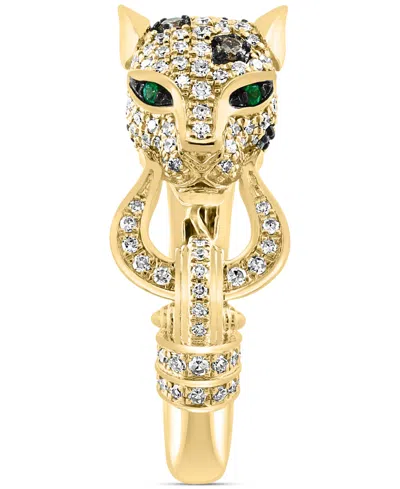 Shop Effy Collection Effy Multicolor Diamond (3/4 Ct. T.w.) & Emerald Accent Panther Head Statement Ring In Yellow Gol