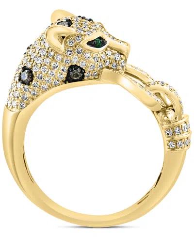 Shop Effy Collection Effy Multicolor Diamond (3/4 Ct. T.w.) & Emerald Accent Panther Head Statement Ring In Yellow Gol