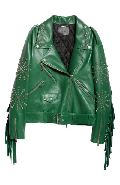 Shop Erdem Studded Oversize Leather Biker Jacket In Green