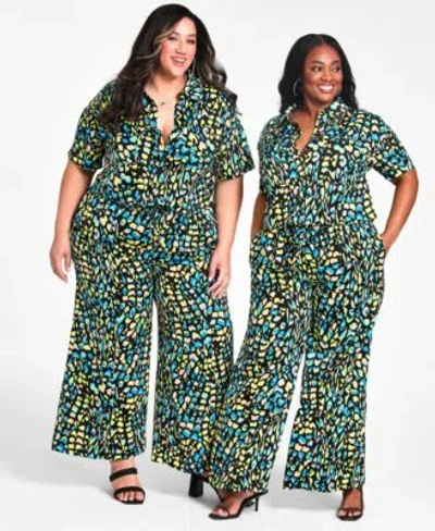 Shop Nina Parker Trendy Plus Size Cropped Shirt Wide Leg Pants In Mixed Multi Leopard