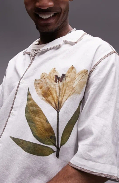 Shop Topman Floral Print Oversize Cotton & Linen Camp Shirt In Ecru