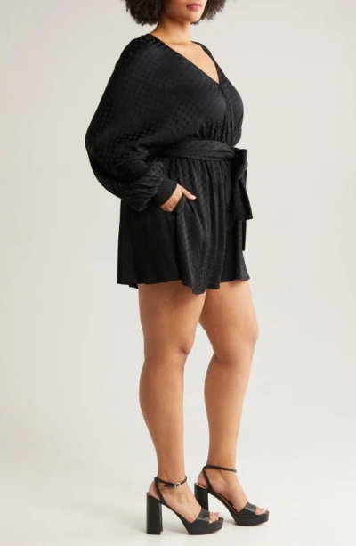 Shop Chelsea28 Textured Dot Long Sleeve Satin Romper In Black