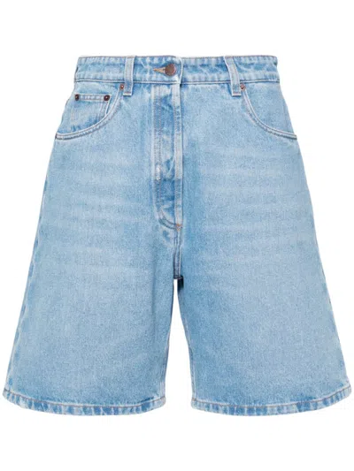 Shop Prada Blue Wide-leg Denim Shorts In Blau