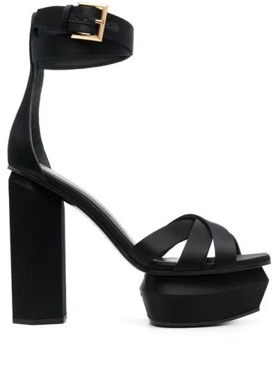 Balmain Block Heel Leather Sandals With Crossover Detail In Black