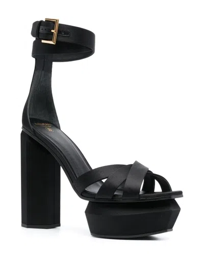Balmain Block Heel Leather Sandals With Crossover Detail In Black