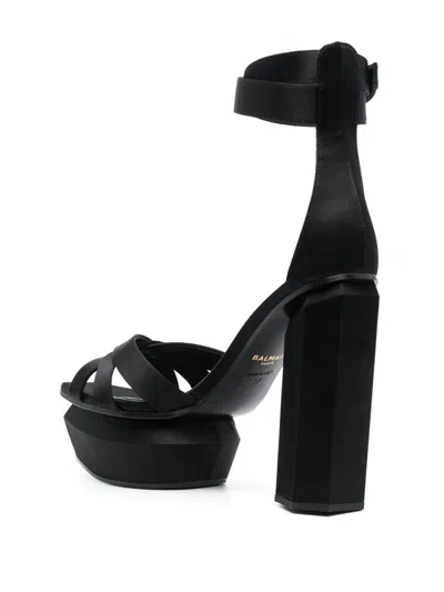 Balmain Block Heel Leather Sandals With Crossover Detail In Black