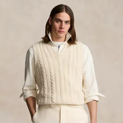 Shop Ralph Lauren Aran-knit Cotton-cashmere Sweater Vest In Cream Combo