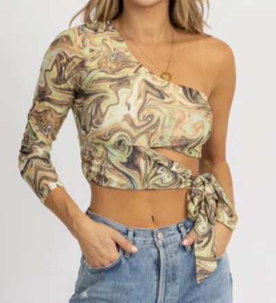 Shop Endless Blu. Marble Abstract One Shoulder Top In Green In Beige