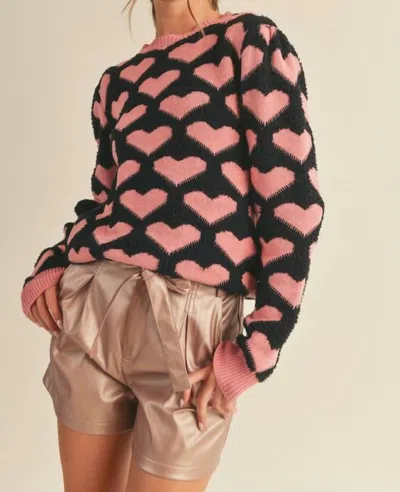 Merci Crewneck Knit Heart Sweater In Black/pink In Black