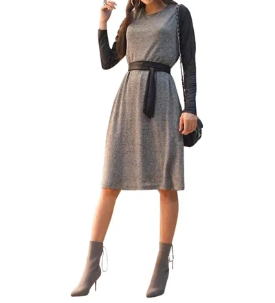 Shop Daniella Faye Leather Sleeve Dress In Black And Grey