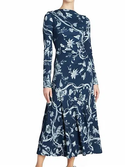 Shop Erdem Long Sleeve Floral Jersey Midi Dress With Drawstring In Indigo In Blue