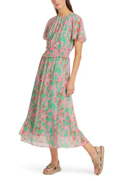 Shop Marc Cain Flutter Sleeve Pintuck Waist Dress In Bright Jade In Multi