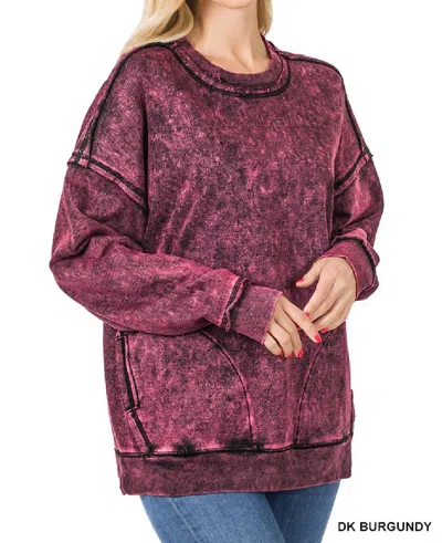 Shop Zenana French Terry Mineral Wash Sweatshirt In Dark Burgundy In Pink