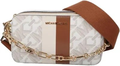 Shop Michael Kors Jet Set Small Double Zip Camera Chain Xbody Bag In Vanilla/luggage In White