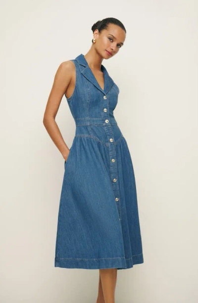 Shop Reformation Ellison Sleeveless Button-front Denim Midi Dress In Laguna