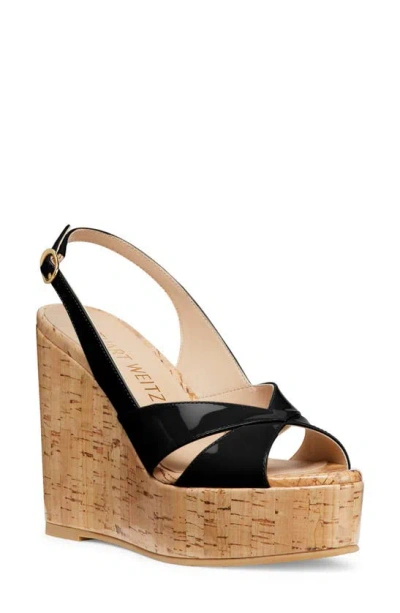 Stuart Weitzman Dayna Patent Crisscross Wedge Platform Sandals In Black