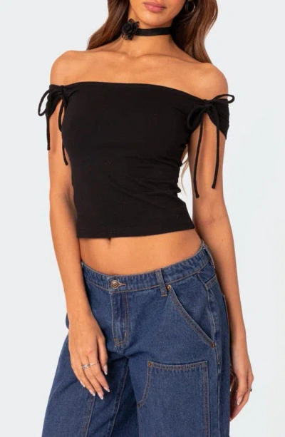 Shop Edikted Jess Tie Sleeve Off The Shoulder Crop Top In Black