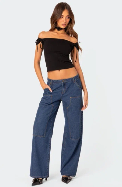 Edikted Jess Tie Sleeve Off The Shoulder Crop Top In Black