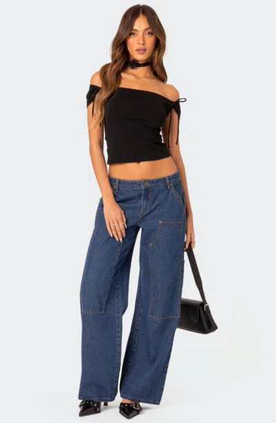 Shop Edikted Jess Tie Sleeve Off The Shoulder Crop Top In Black