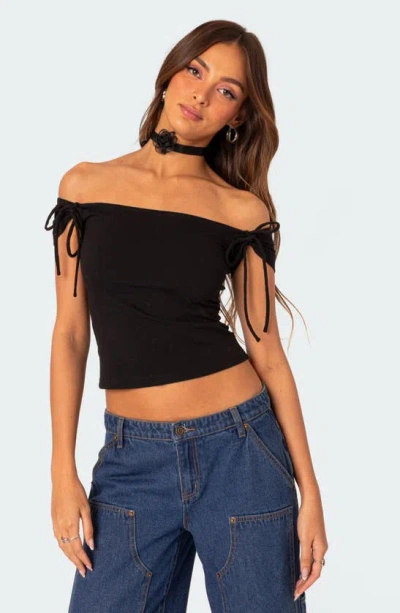 Shop Edikted Jess Tie Sleeve Off The Shoulder Crop Top In Black