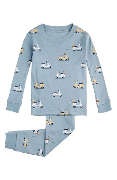 Shop Petit Lem Kids' Motorino Print Fitted Two-piece Organic Cotton Pajamas In Blue