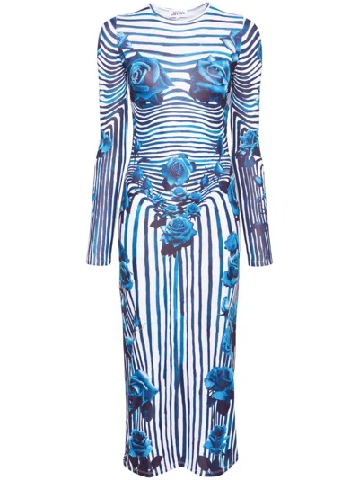 Shop Jean Paul Gaultier White And Blue Flower Body Morphing Midi Dress