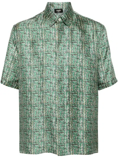 Shop Fendi Green Ff-print Silk Shirt