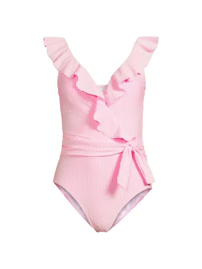 Shop Lilly Pulitzer Women's Delphie Seersucker Ruffled One-piece Swimsuit In Roxie Pink Swim Stripe