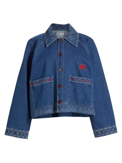 Shop Bode Women's Embroidered Denim Jacket In Indigo