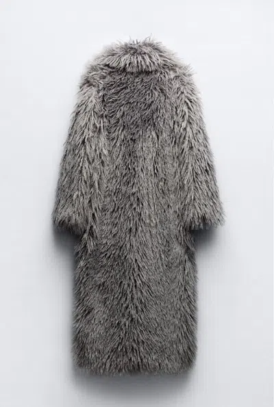 Pre-owned Zara Woman Fw23 Extra-long Faux Fur Coat Light Grey M 1255/707 In Gray